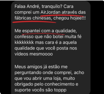Print de comprador relatando que recebeu seu tênis, gostou da qualidade e agradeceu pelo conhecimento e suporte.